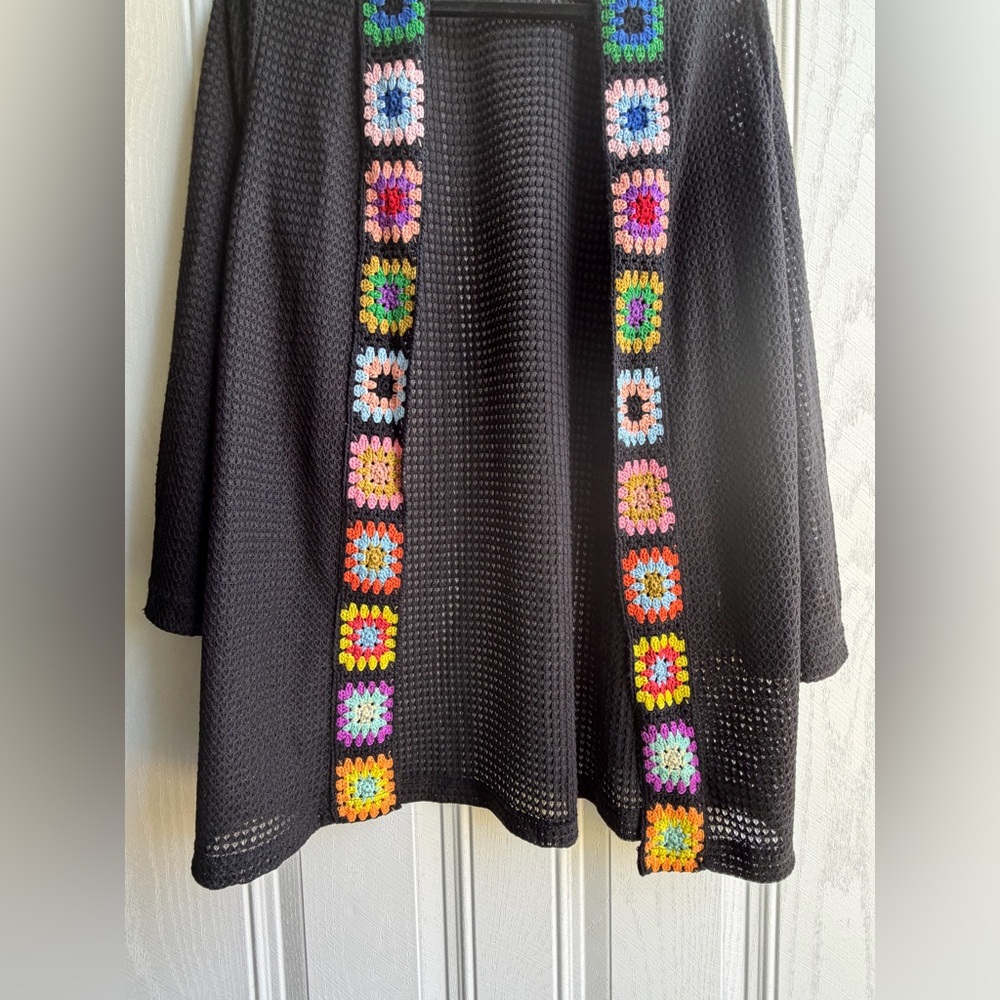 Rebellion Black Crochet-Trim Open Cardigan with Multicolor Granny Squares - Picture 5 of 6